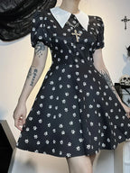 Gothic Turn Down Collar ALine Punk Print Short Sleeve Swing Cloak Bodycon Dress