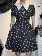 Gothic Turn Down Collar ALine Punk Print Short Sleeve Swing Cloak Bodycon Dress