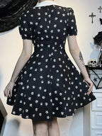Gothic Turn Down Collar ALine Punk Print Short Sleeve Swing Cloak Bodycon Dress