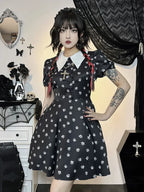Gothic Turn Down Collar ALine Punk Print Short Sleeve Swing Cloak Bodycon Dress