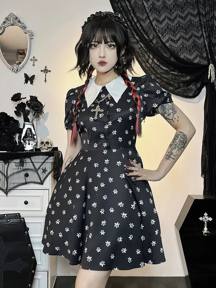 Gothic Turn Down Collar ALine Punk Print Short Sleeve Swing Cloak Bodycon Dress