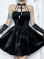 Gothic Velvet Criss Cross Halter Vintage Draped Lace Backless A Line Dress