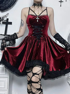 Gothic Velvet Vintage Spaghetti Strap Lace Up Bodycon Cami Romantic Casual Dress