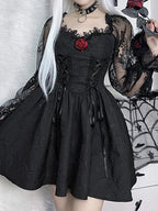 Grunge Party High Waist Gothic Dark ALine Jacquard Lace Sleeve Lolita Vintage Harajuku Dress