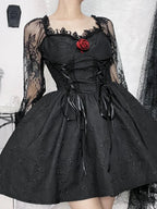 Grunge Party High Waist Gothic Dark ALine Jacquard Lace Sleeve Lolita Vintage Harajuku Dress