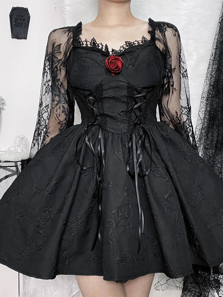 Grunge Party High Waist Gothic Dark ALine Jacquard Lace Sleeve Lolita Vintage Harajuku Dress