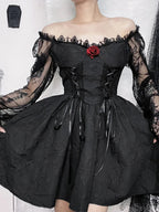 Grunge Party High Waist Gothic Dark ALine Jacquard Lace Sleeve Lolita Vintage Harajuku Dress