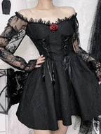 Grunge Party High Waist Gothic Dark ALine Jacquard Lace Sleeve Lolita Vintage Harajuku Dress