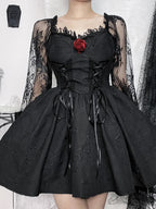 Grunge Party High Waist Gothic Dark ALine Jacquard Lace Sleeve Lolita Vintage Harajuku Dress