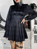 Gothic Plaid Winter Long Sleeve Turtleneck A Line Pleated Corset Dress