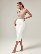 Halterneck Pearls Bandage Dress In Beige