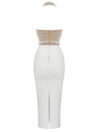 Halterneck Pearls Bandage Dress In Beige
