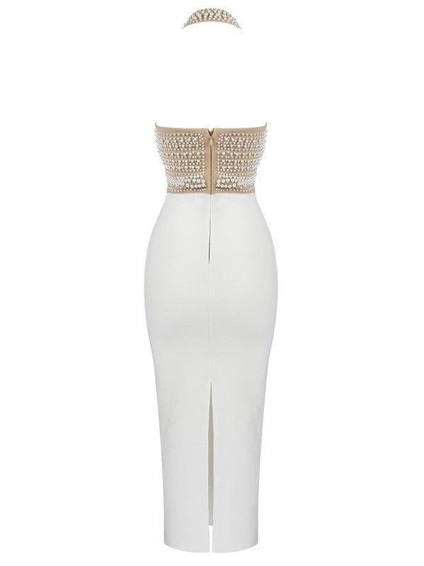 Halterneck Pearls Bandage Dress In Beige