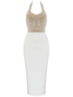 Halterneck Pearls Bandage Dress In Beige