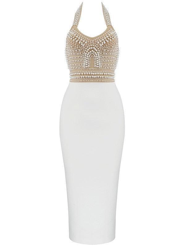 Halterneck Pearls Bandage Dress In Beige