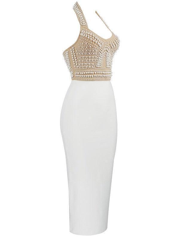 Halterneck Pearls Bandage Dress In Beige