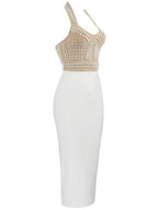 Halterneck Pearls Bandage Dress In Beige