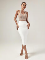 Halterneck Pearls Bandage Dress In Beige