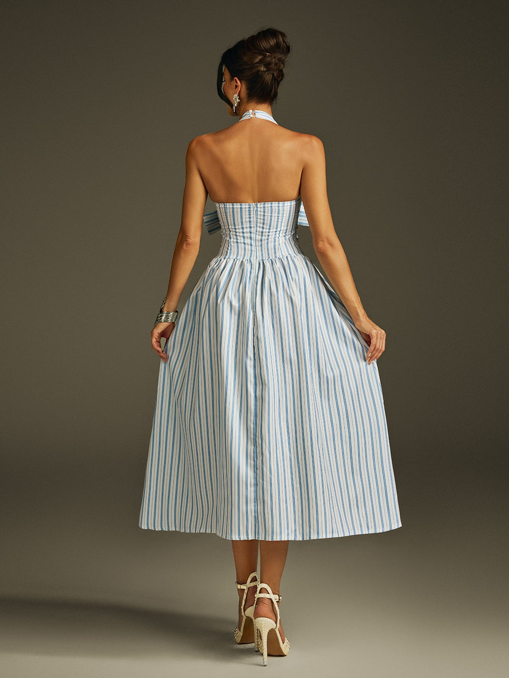Halterneck Bow Stripe Midi Dress