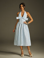 Halterneck Bow Stripe Midi Dress