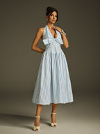 Halterneck Bow Stripe Midi Dress