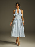 Halterneck Bow Stripe Midi Dress