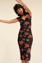 Floral Mesh Sweetheart Neck Midi Dress