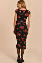 Floral Mesh Sweetheart Neck Midi Dress