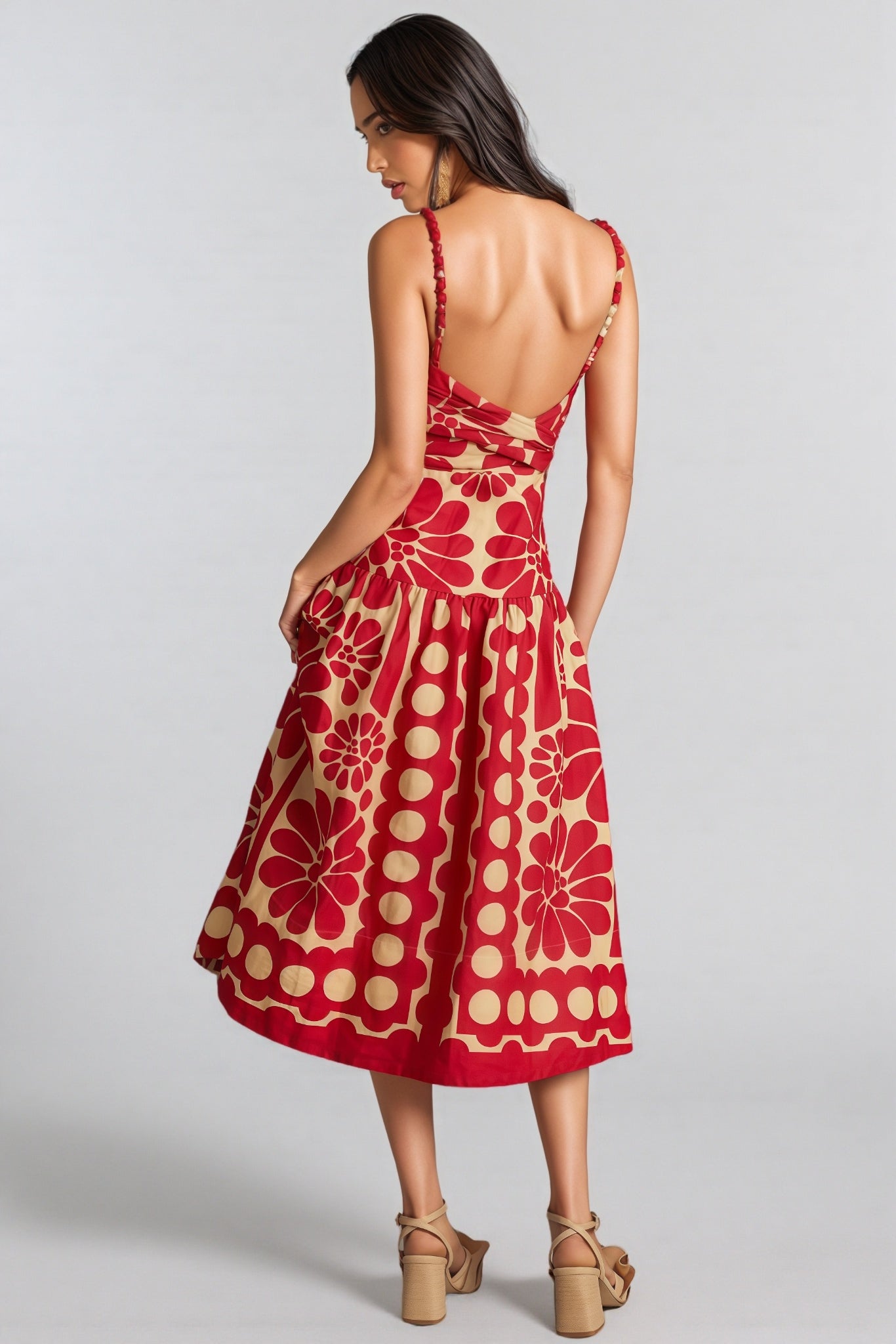 Xenia Print Polka Dot Sleeveless Frill Midi Dress