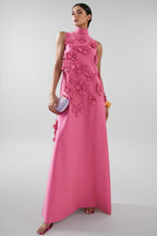 Eliza 3D Floral High Neck Sleeveless Maxi Dress-Pink