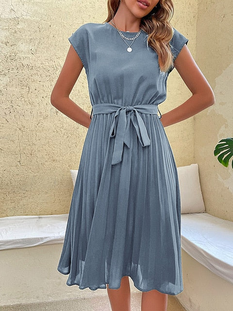 Sabina Chic Short Sleeve Pleated Casual Mini Dress for Summer Everyday Luxe Edit