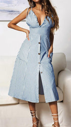 Plunge Neck Nautical Striped Dress