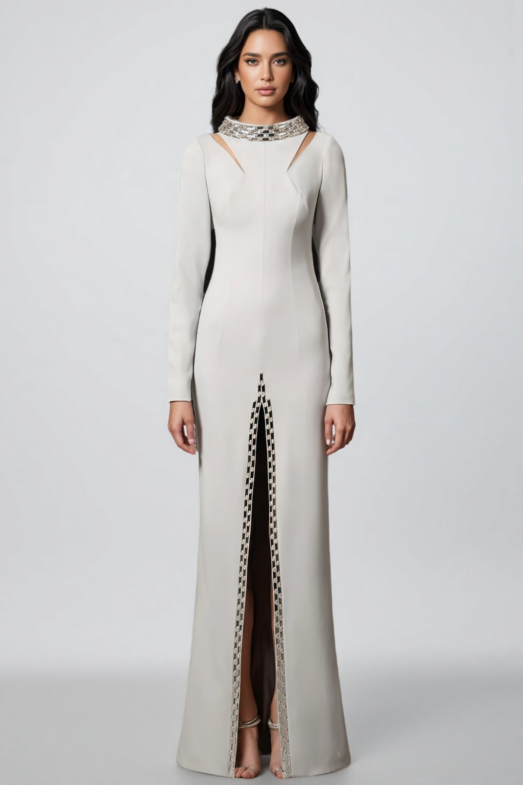 Aislety White Slit Openwork Beaded Maxi Dress