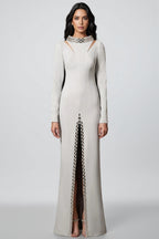 Aislety White Slit Openwork Beaded Maxi Dress