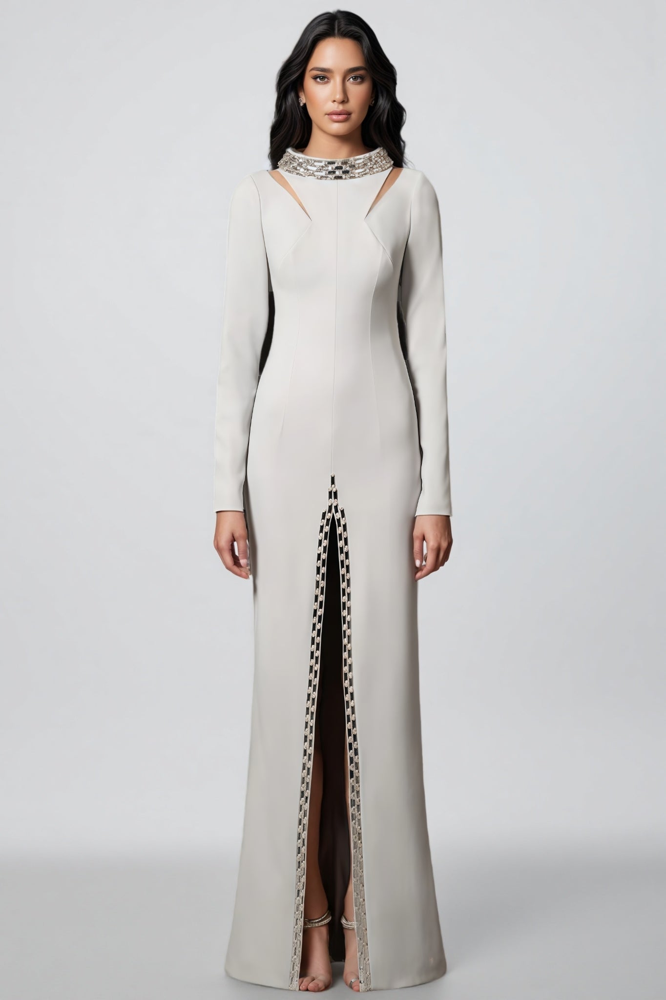 Aislety White Slit Openwork Beaded Maxi Dress