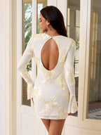 Jacquard Flounce Sleeve Cut Out Back Mini Dress