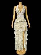 Cutout Rhinestone Flower Split Maxi Dress