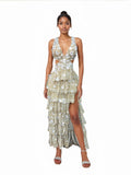 Cutout Rhinestone Flower Split Maxi Dress