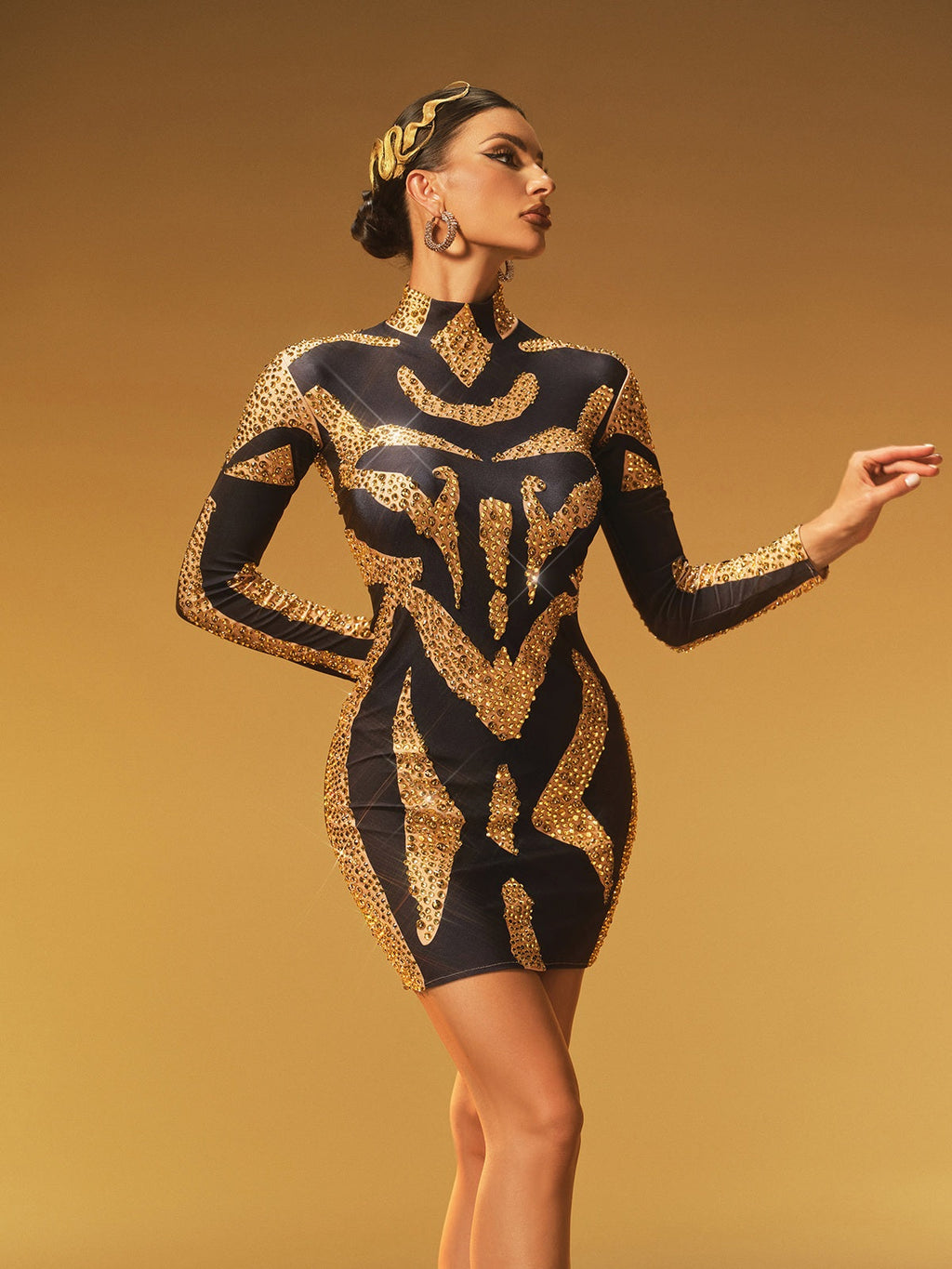 High Neck Rhinestone Mini Dress