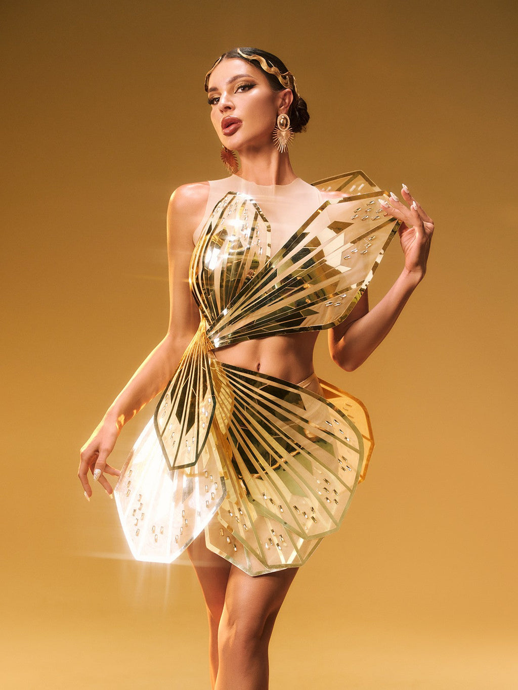 Butterfly Embellished Cutout Mini Dress In Gold