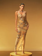 Crystal Split Mesh Maxi Dress