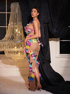 Backless Flower Rhinestone Mesh Dress