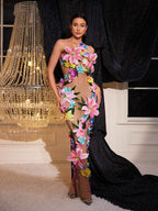Backless Flower Rhinestone Mesh Dress
