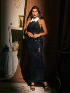 Folded Collar Sequin Maxi Dress