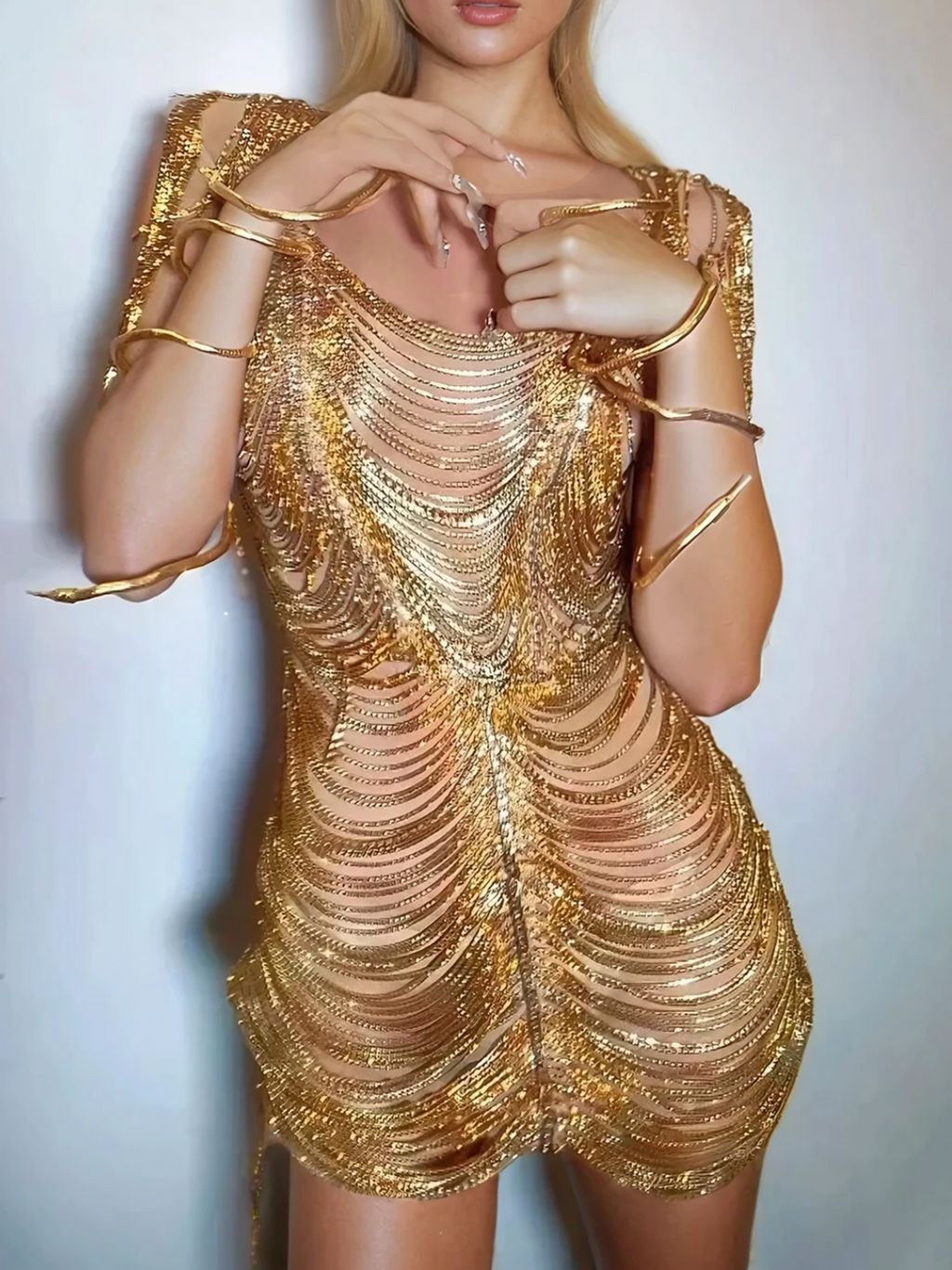 Diamond Chain Mesh Mini Dress In Gold