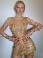 Diamond Chain Mesh Mini Dress In Gold