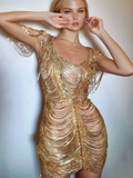 Diamond Chain Mesh Mini Dress In Gold