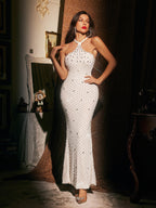 Halterneck Rhinestone Pearl Maxi Dress
