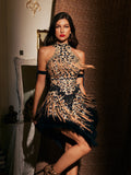 Backless Crystal Leopard Fringe Dress