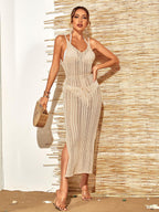 Emberlynn Knit Split Cover Up Dress In Beige